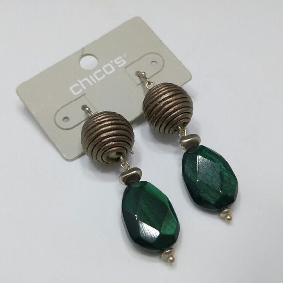 Chico's Bronze and Green Lucite Drop Bead Earrings, 2 1/4 Inches, New On Card - Picture 2 of 9